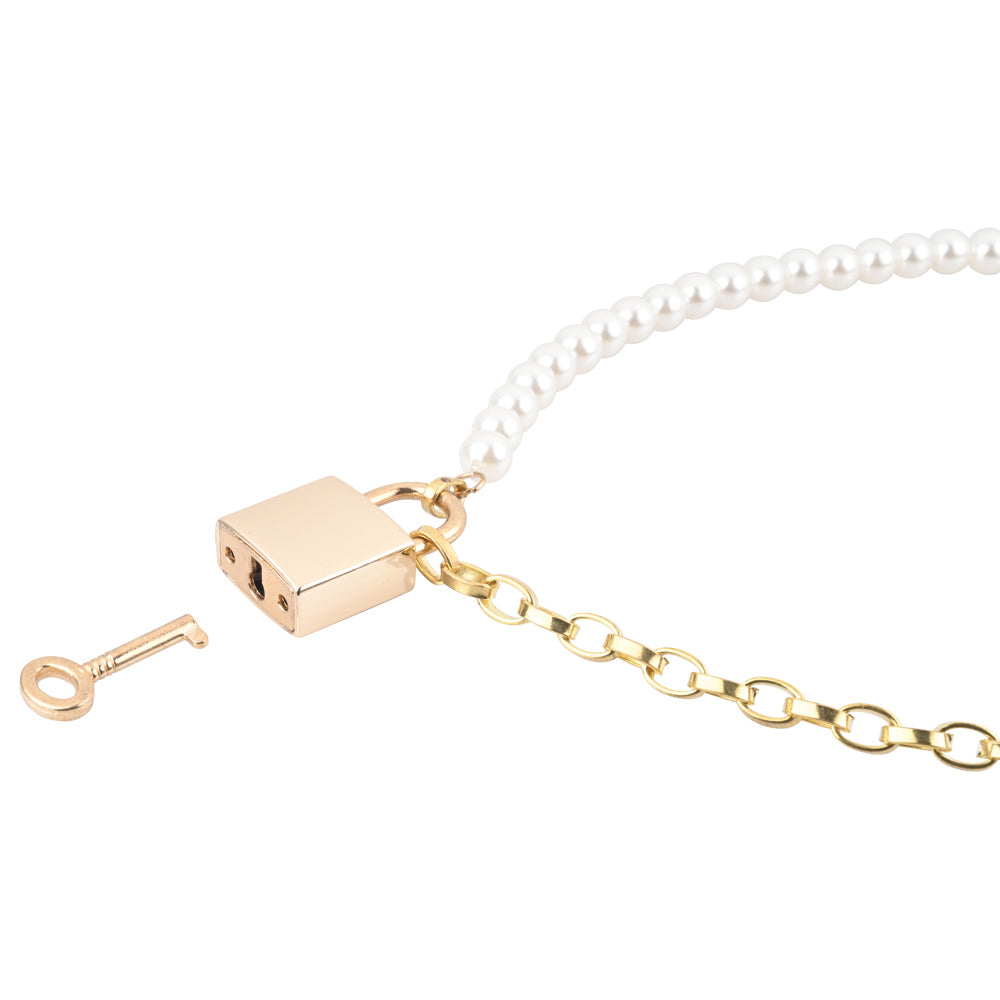 Sex and Mischief Pearl Gold Day Collar with Lock Key