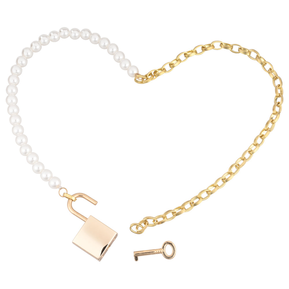 Sex and Mischief Pearl Gold Day Collar with Lock Key