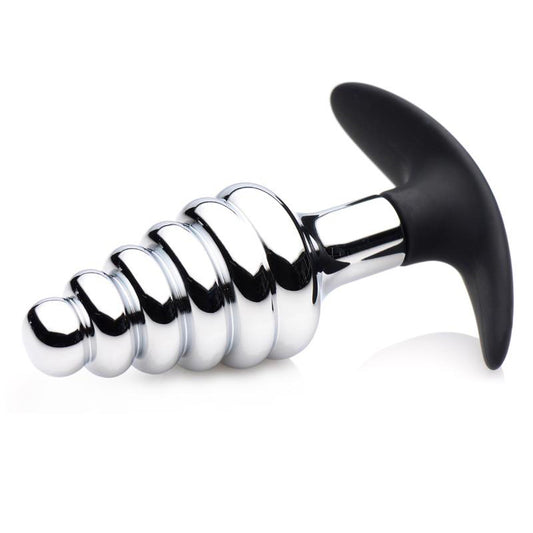 Master Series Black Metal and Silicone Ribbed Anal Plug