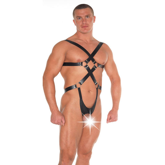 Bold Desire Black Leather Strappy Bondage Teddy for Men
