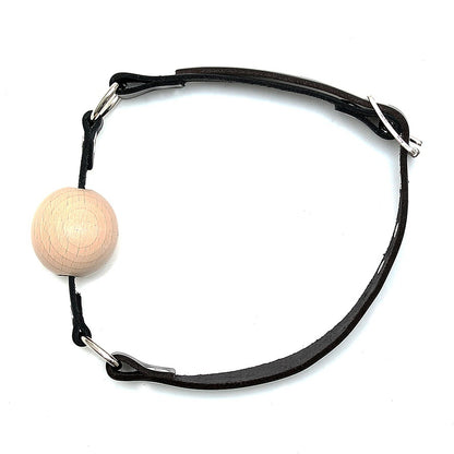Bondage Essentials Black Leather Gag with Wooden Ball