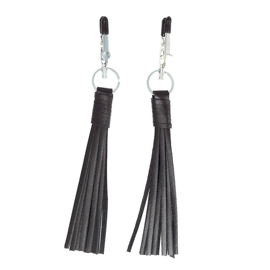 Elegant Pleasure Black Leather Nipple Clamps with Tassels