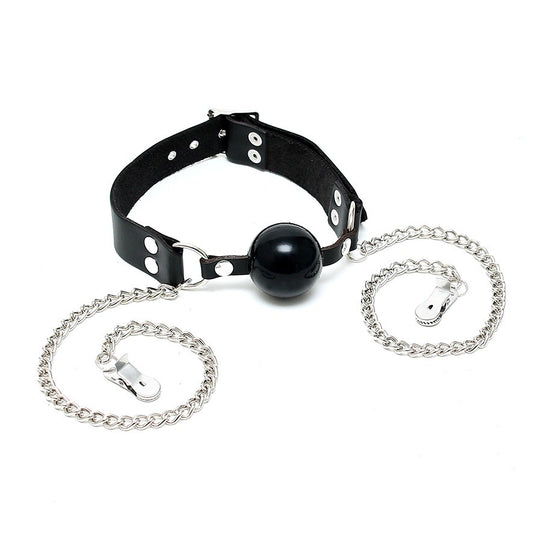 Luxury Leather Black Mouth Gag with Nipple Chain Clamps